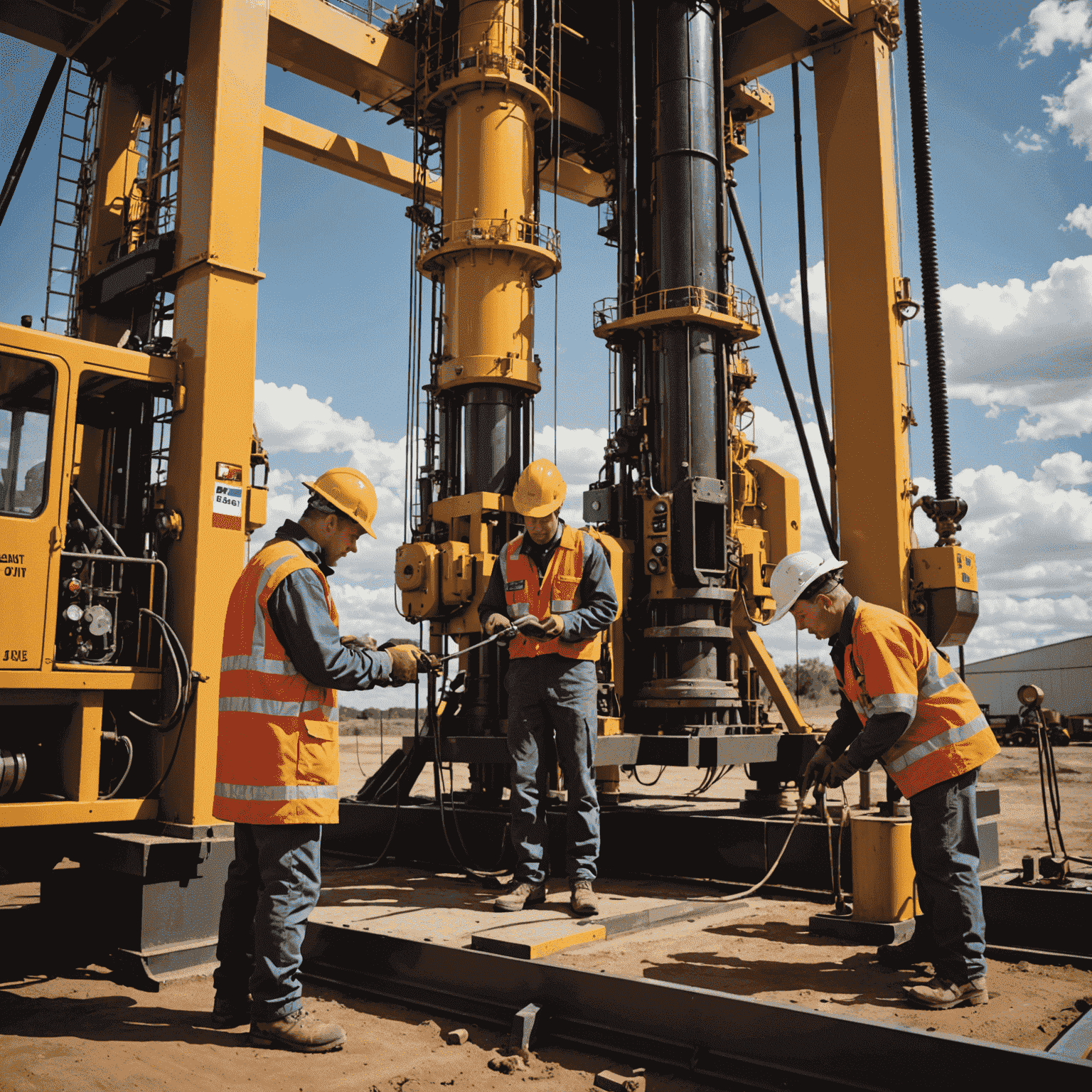 Advanced oil drilling equipment being upgraded with new technology, showcasing a modern rig site with workers in safety gear installing cutting-edge components