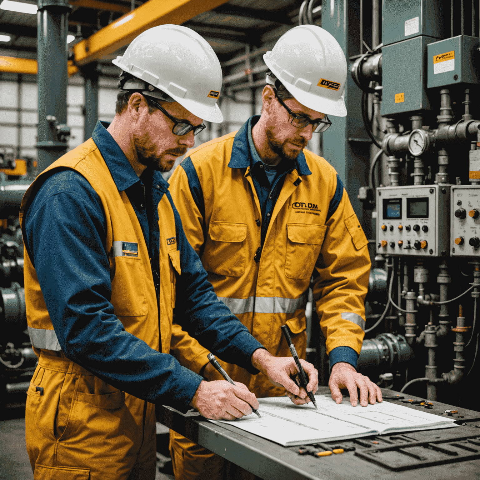 Technicians performing preventive maintenance on oil equipment, with charts showing increased equipment lifespan