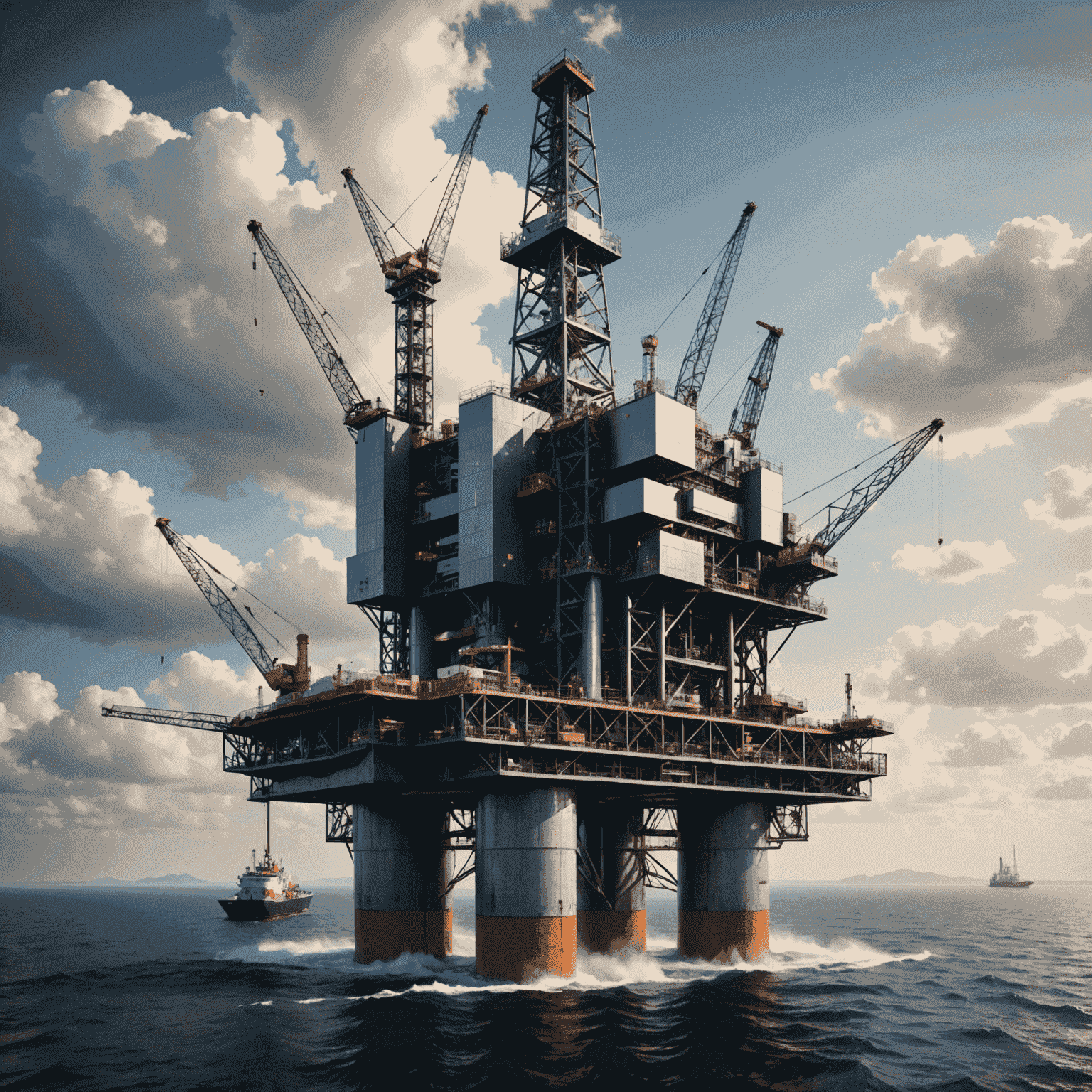 Futuristic oil rig with integrated environmental compliance systems, showcasing the future of sustainable oil production