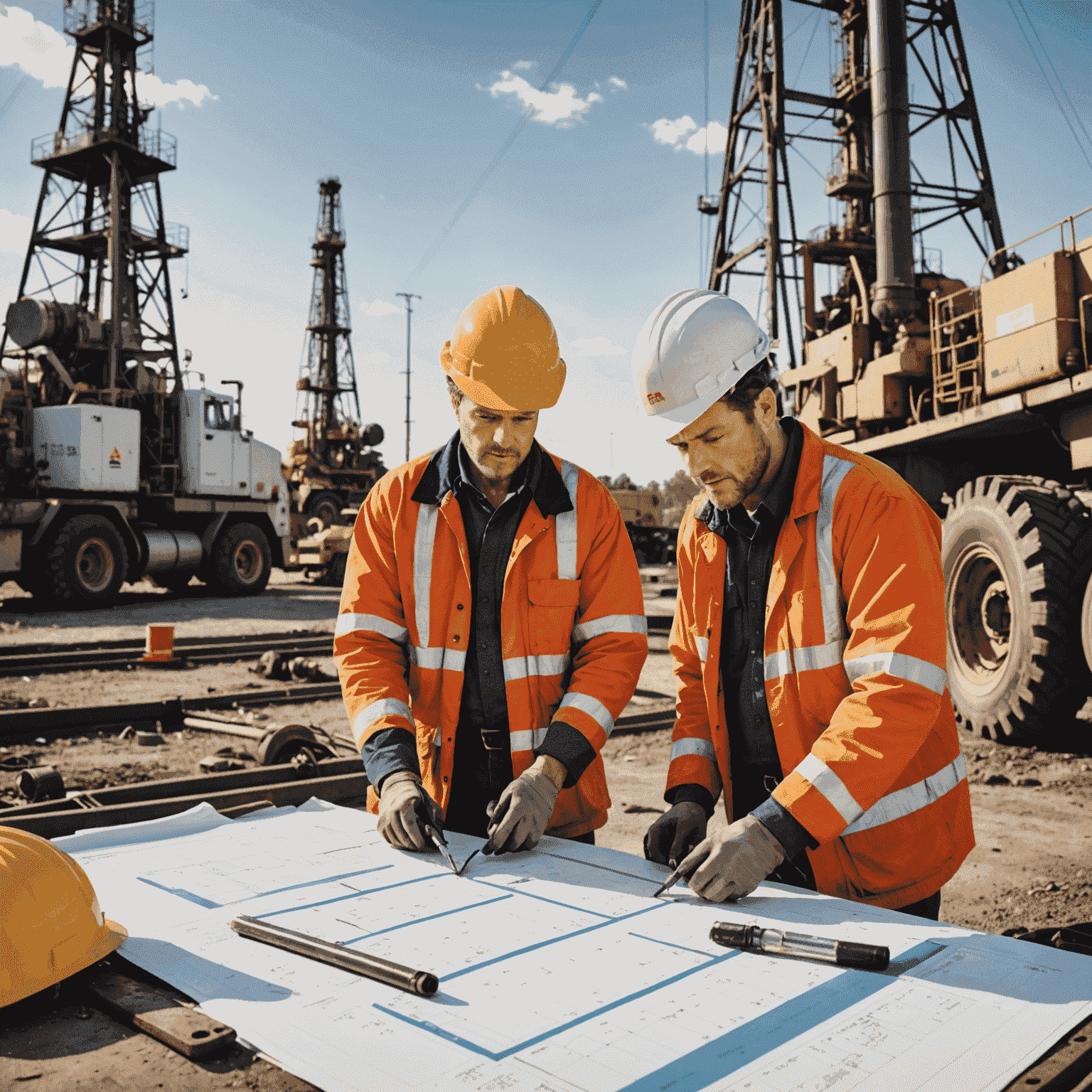 Emergency repair team quickly responding to an oil equipment breakdown, with financial charts showing high profit margins